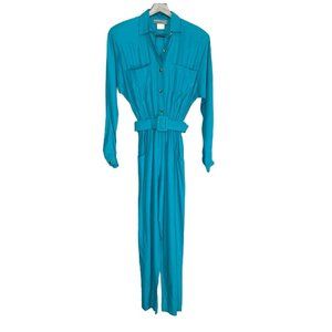Vintage 90s Blue Long Sleeve Belted Button Up Collared Jumpsuit Small